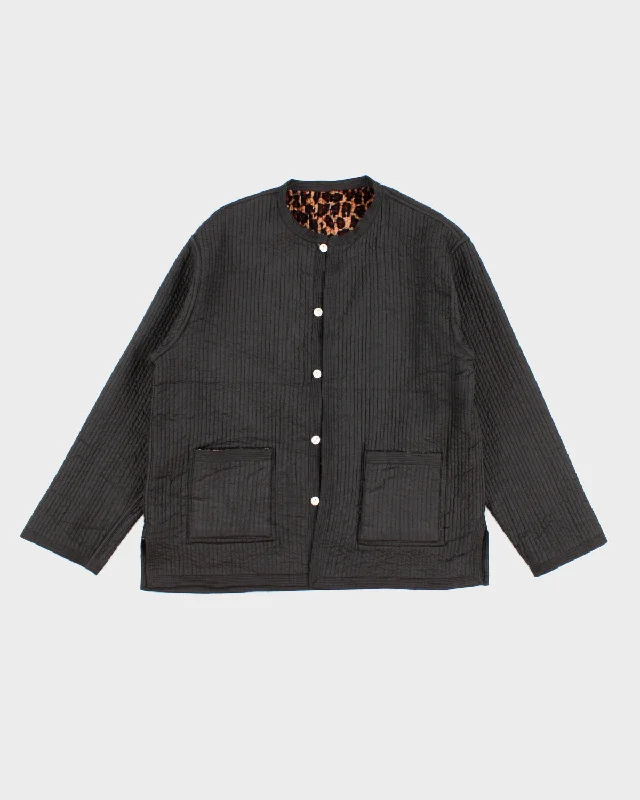 Womens Black Textured Leopard Print Reversible Jacket - M Satin Jacket Silk Jacket Chiffon Jacket