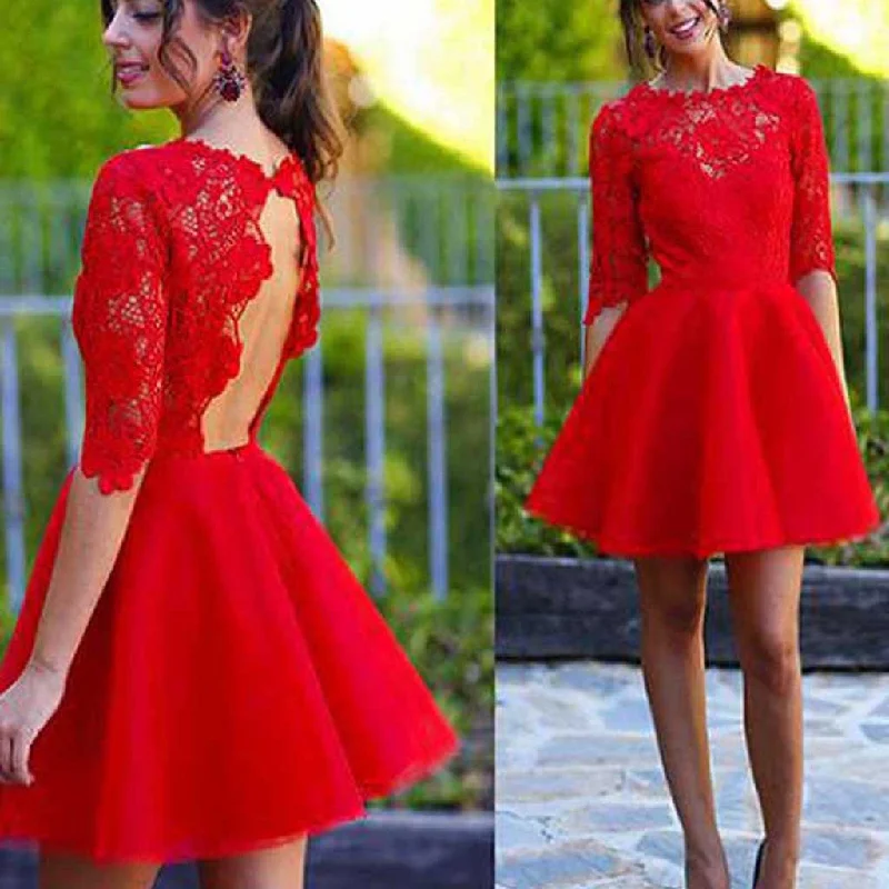 Blush red half sleeve see through lace open back charming homecoming prom gown dress,BD0023 Off-the-shoulder Chic Trendy