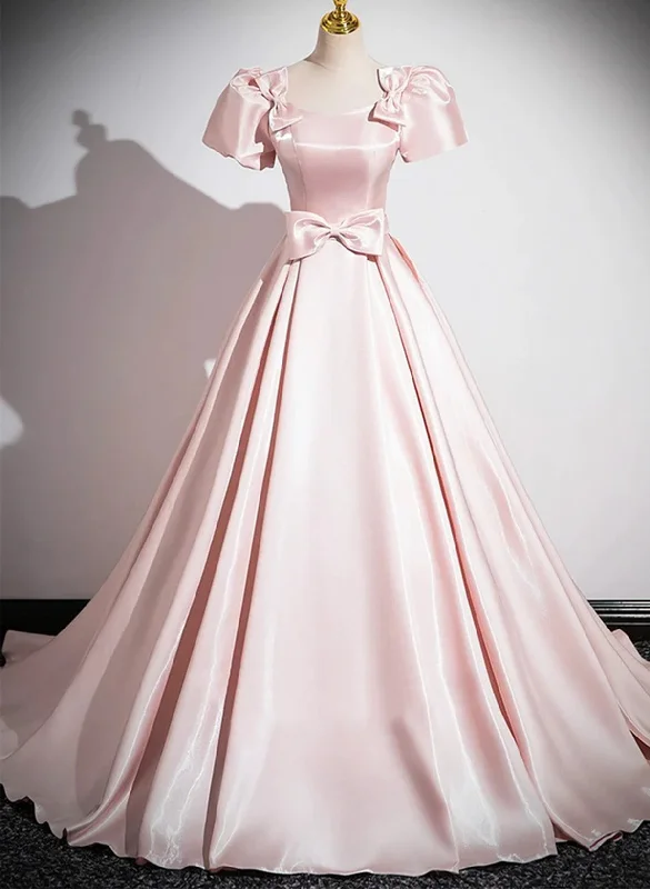 Pink Satin Short Sleeves A-line Long Party Dress, Pink Satin Prom Dress A-Line Day Work