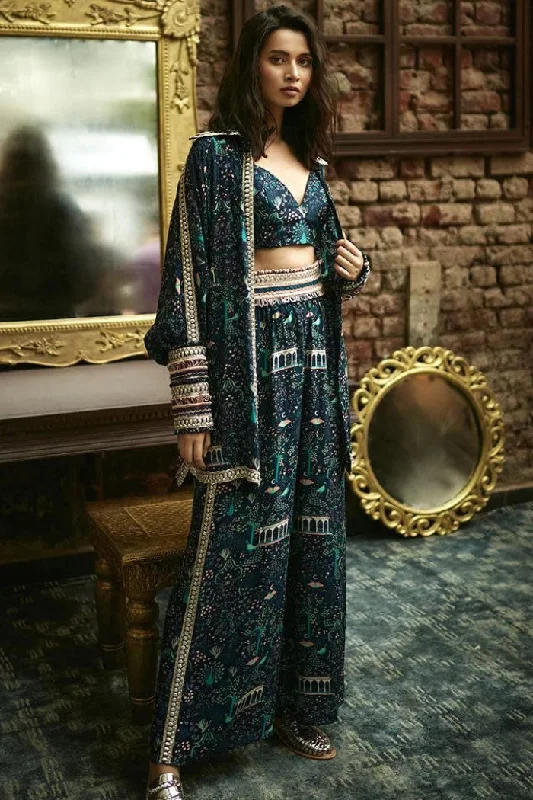 BLUE MOR JAAL BUSTIER WITH BOX PLEATED PANTS AND JACKET WITH EMBELLISHED CUFF Zip Front Button Front Snap Front