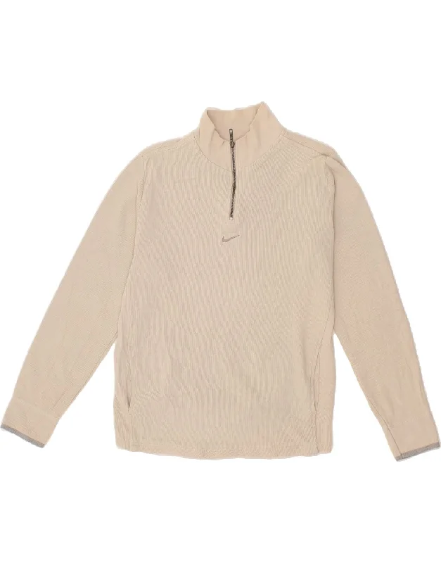 NIKE Womens Zip Neck Sweatshirt Jumper UK 8/10 Small Beige Cotton Hoodie with Thumb Holes Functional Cozy NIKE Womens Zip Neck Sweatshirt Jumper UK 8/10 Small Beige Cotton Hoodie with Thumb Holes Functional Cozy