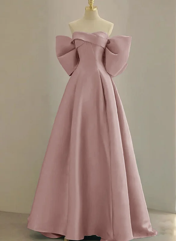 Pink Off Shoulder Satin Long Simple Party Dress, Pink Satin Evening Dress Glittery Long Formal