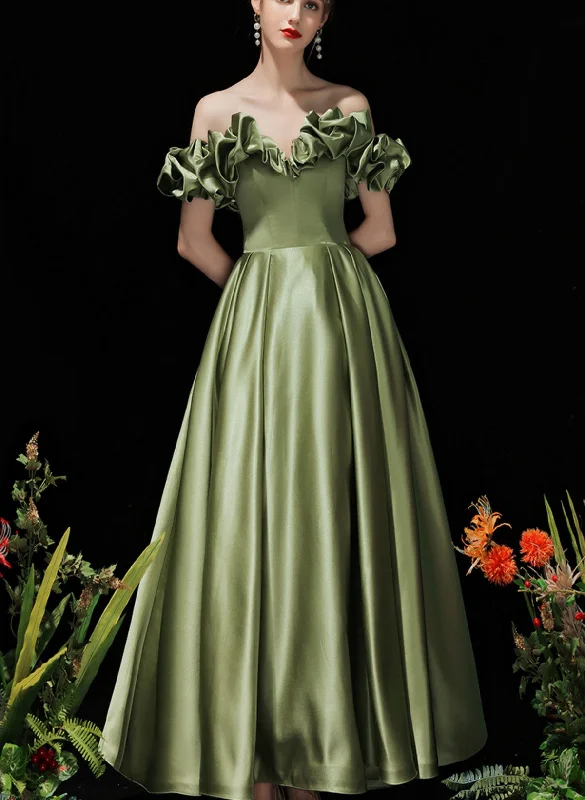 Green Satin Off Shoulder Long Evening Dress, Green Prom Dress Party Dress High-Low Hemline Casual