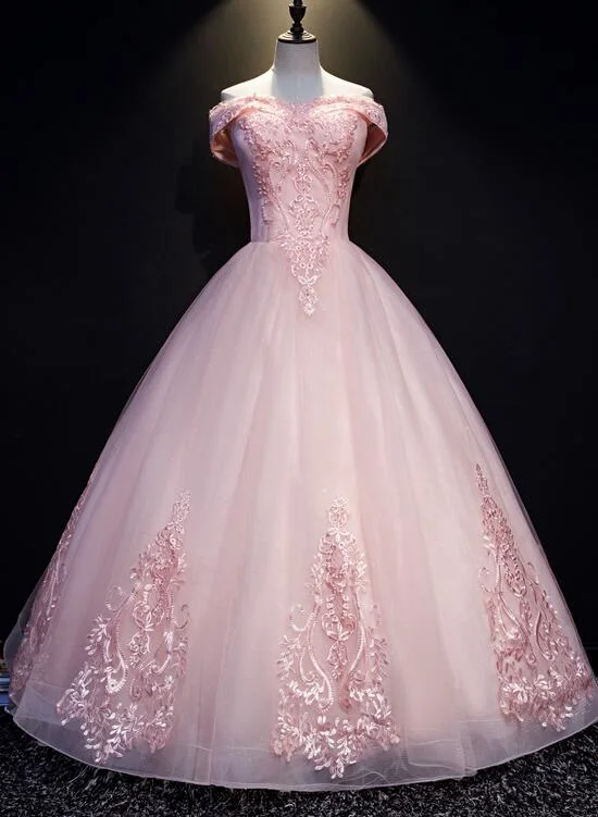 Pink Ball Gown Long Tulle Party Dress, Off Shoulder Prom Dress Tunics Versatile stylish