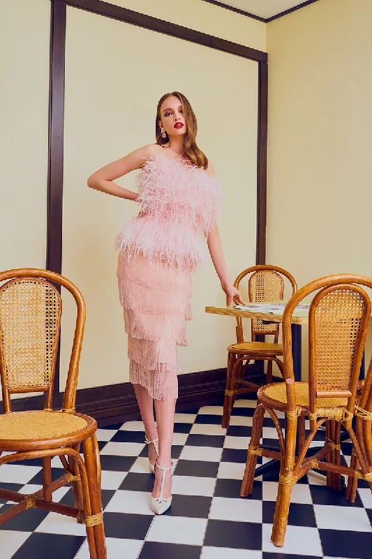 Tiered Crystal Fringe High Waisted Skirt in Baby Pink linen skirt light