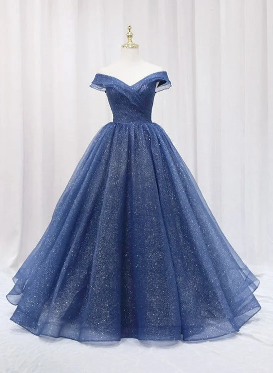 Blue Off Shoulder Long Party Dress Evening Gown, Blue Junior Prom Dress Tunics Top Casual