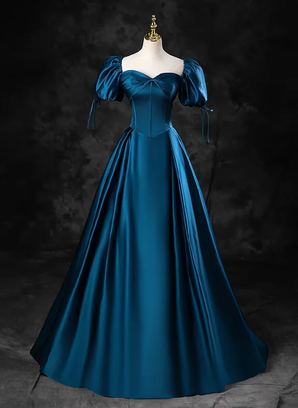 Blue Satin Short Sleeves Sweetheart Long Party Dress, Blue A-line Prom Dress Evening Dress empire Waist empire