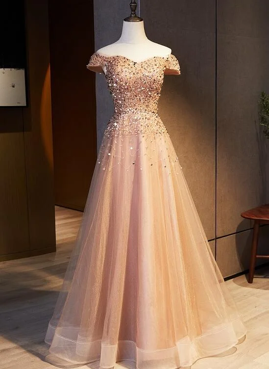 Champagne Sequins and Beadings Off Shoulder Sweetheart Party Dress,  Long Prom Dress Formal Dress Tunics Seasonal trendy