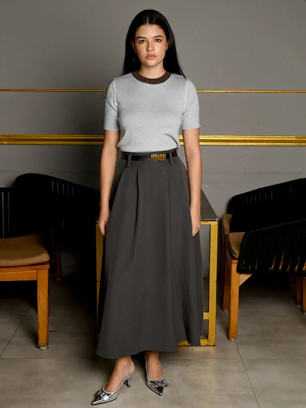 Odette Grey Suiting Fabric Solid Skirt With Belt For Women chiffon skirt lightweight