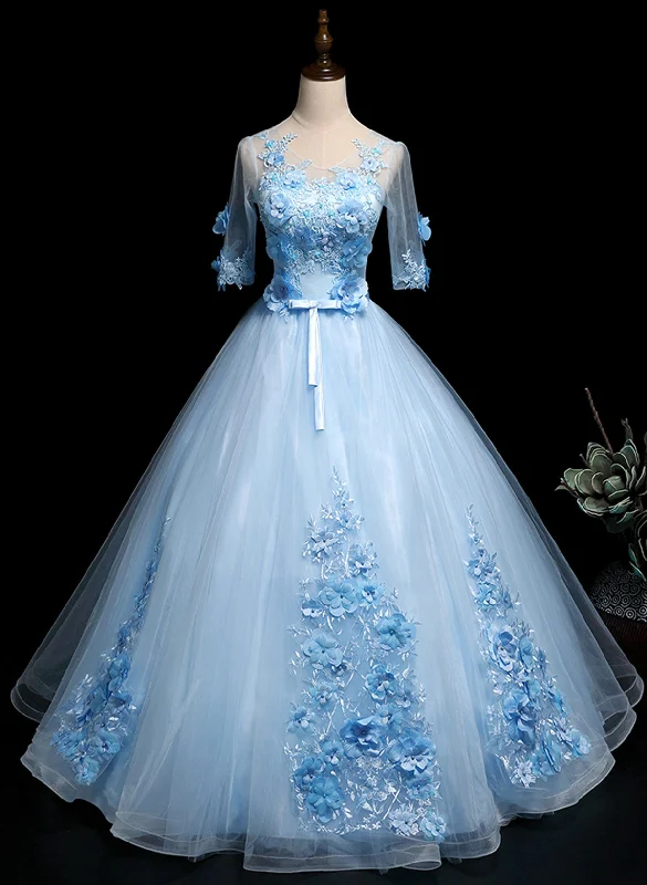 Light Blue Ball Gown with Sleeves Party Dress, Blue Sweet 16 Dress Mermaid Tail Wedding