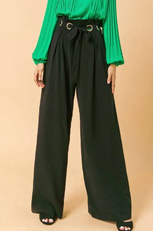 Black Paper Bag Pants with Grommet Detail Elegant Palazzo Trousers