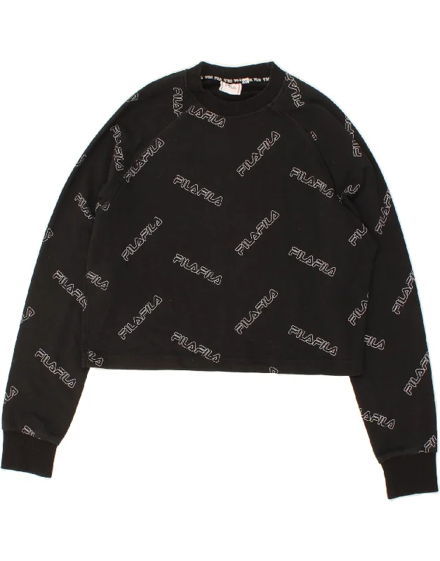 FILA Womens Oversized Graphic Crop Sweatshirt Jumper UK 6 XS Black Cotton Cotton Hoodie Fleece Lining Warmth
