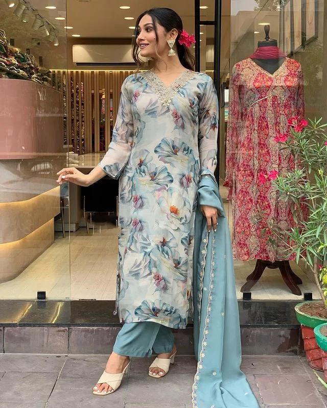 Women V Neck Embroidered Work Viscose Fabric Kurta & Pant With Dupatta Set - Taantav Elegant Trouser Pants