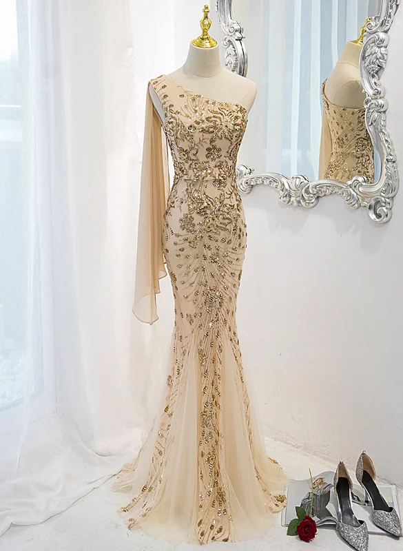 Champagne Mermaid Long Party Dress, Champagne Sequins Prom Dress Tunics Review highly