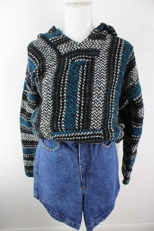 Vintage Blue Stripe Knit Hoodie (L) Hoodie with Neon Bright Vibrant