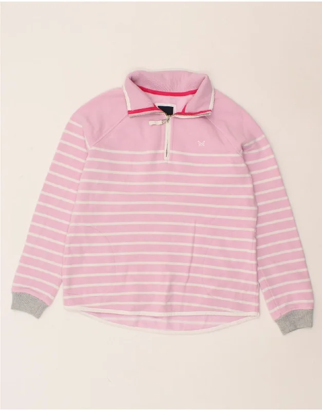 CREW CLOTHING Womens Zip Neck Sweatshirt Jumper UK 10 Small Pink Striped Hoodie with Puffed Sleeves Voluminous Trendy