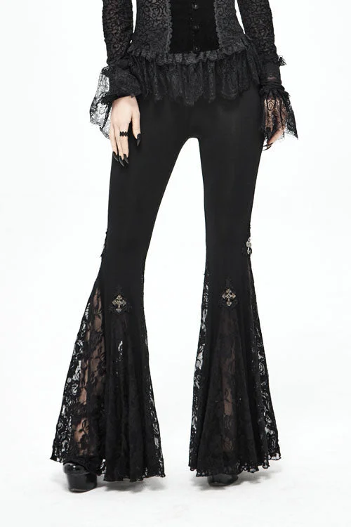 Black Cross Knit Lace Bell Gothic Womens Pants Comfy High-Waist Jeans