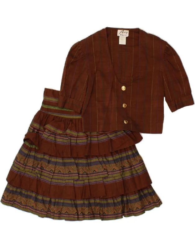 VINTAGE Womens 3 Button 2 Piece Skirt Set UK 12 Medium W25 Brown Striped elastic waist skirt