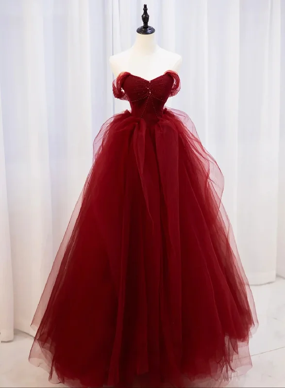 Burgundy Sweetheart Ball Gown Tulle with Beaded Prom Dress, Burgundy Party Dress Tunics Canvas sturdy