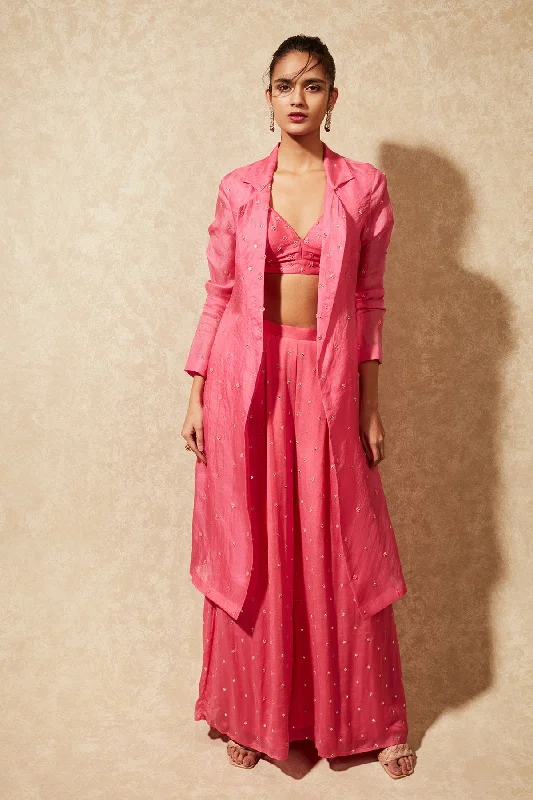 JUNE ORGANZA TRENCH JACKET AND FLARED PANTS A-Line Jacket Boat Neck Shawl Collar