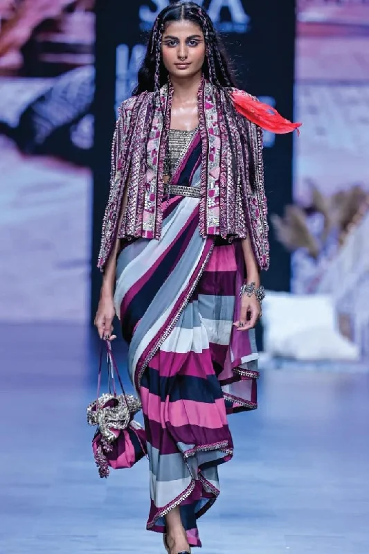 MERLOT STRIPE CASCADE SAREE WITH ABSTRACT NOOR JACKET Wool Jacket Cashmere Jacket Tweed Jacket