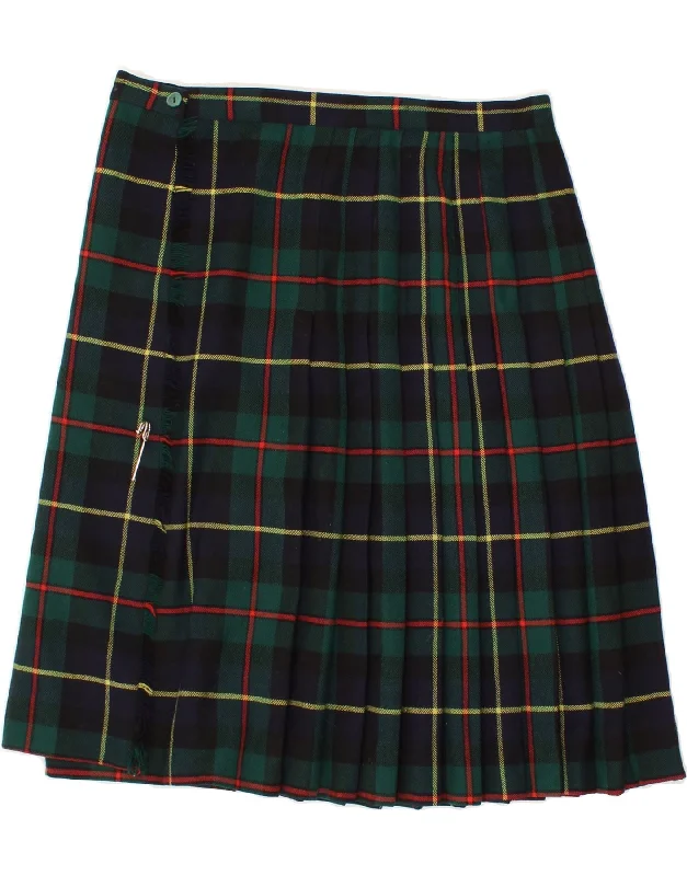 VINTAGE Womens Wrap Skirt EU 42 Large W36 Green Check Wool elastic waist skirt