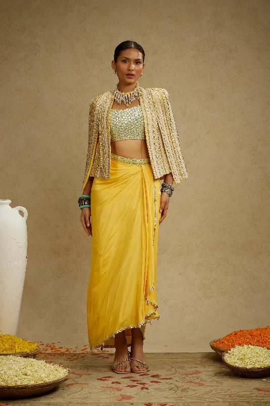 DANDELION EMBELLISHED JACKET PAIRED WITH EMBELLISHED BUSTIER AND HIGH SLIT SKIRT Welt Pockets Slit Pockets Flap Pockets