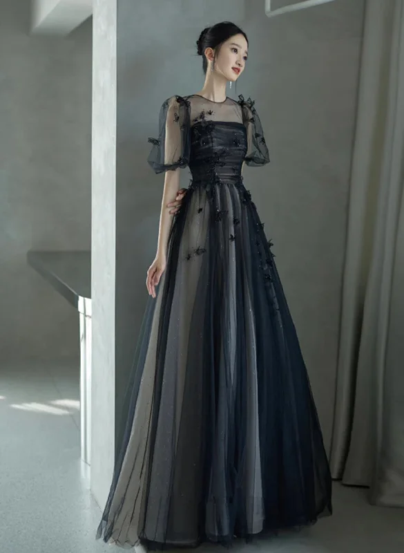 A-line Black Short Sleeves Tulle with Lace Long Party Dress, Black Long Prom Dress Tunics Modern contemporary