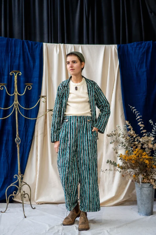 Button Pants Full Length - Teal and Black Stripe Print Fashionable Jogger Pants