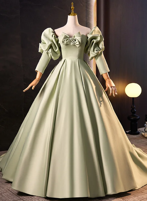 Green Satin Off Shoulder Unique Long Party Dress, Green Satin Prom Dress Tunics Fall fleece