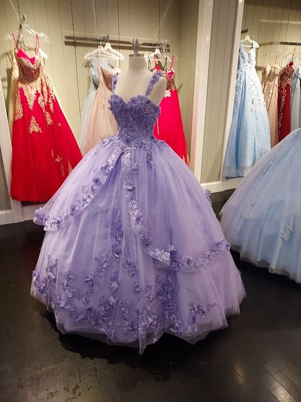 Light Purple Sweetheart Tulle with Flowers Straps Party Dress, Ball Gown Sweet 16 Dress Tunics Party sparkling