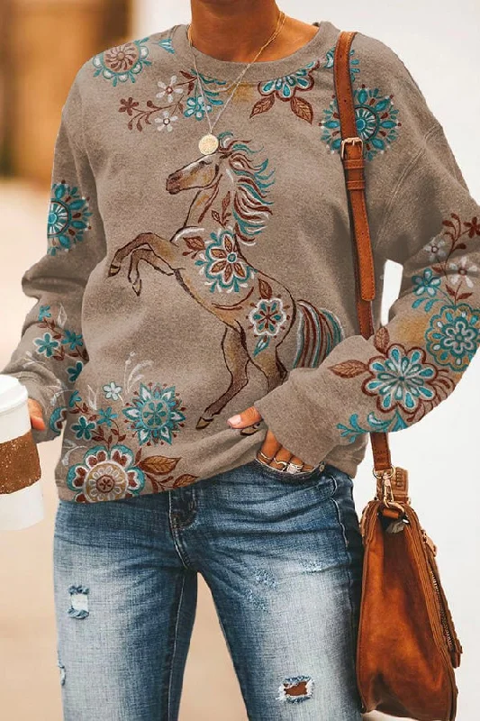 Women's Retro Western Horse Print Casual Sweatshirt Hoodie with Magnetic Closure Innovative Modern
