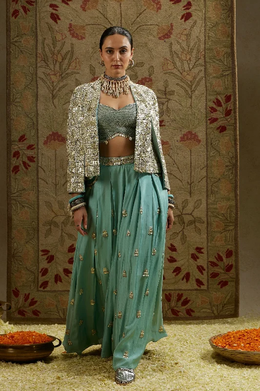 METALLIC NOOR JACKET PAIRED WITH METALLIC BUSTIER AND EMBELLISHED PLEATED PANTS Rayon Jacket Velvet Jacket Corduroy Jacket