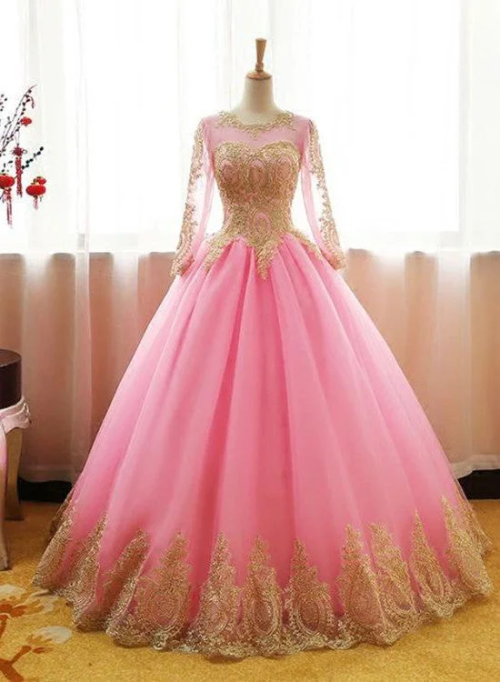 Pink Long Sleeves Tulle Party Dress with Gold Applique, Long Formal Dresses Halter Neckline Beach