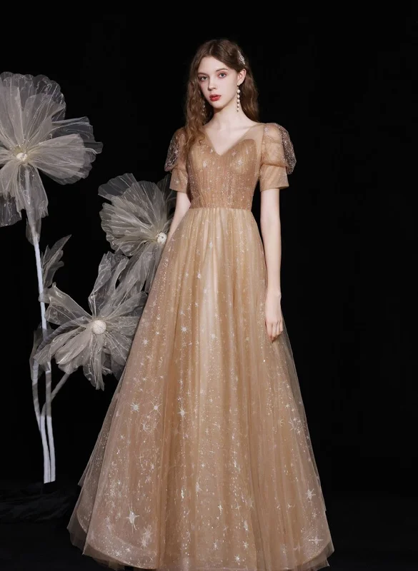 Champagne A-line Tulle Short Sleeves V-neckline Prom Dress, Champagne Party Dress Tunics Chic elegant