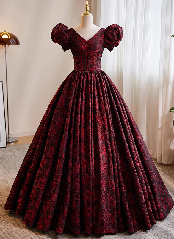 Black and Red V-neckline Puffy Sleeves Length Party Dress, Lace Long Prom Dress Tunics Timeless classic