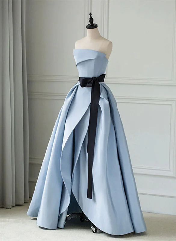 Blue Satin Long Party Dress Evening Dress, Blue Satin Prom Dress Boat Neckline Classic