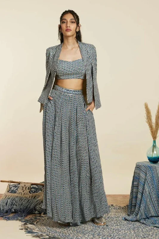BLUE GEOMETRIC PRINT NOOR JACKET SET Tailored Jacket Straight Jacket A-Line Jacket