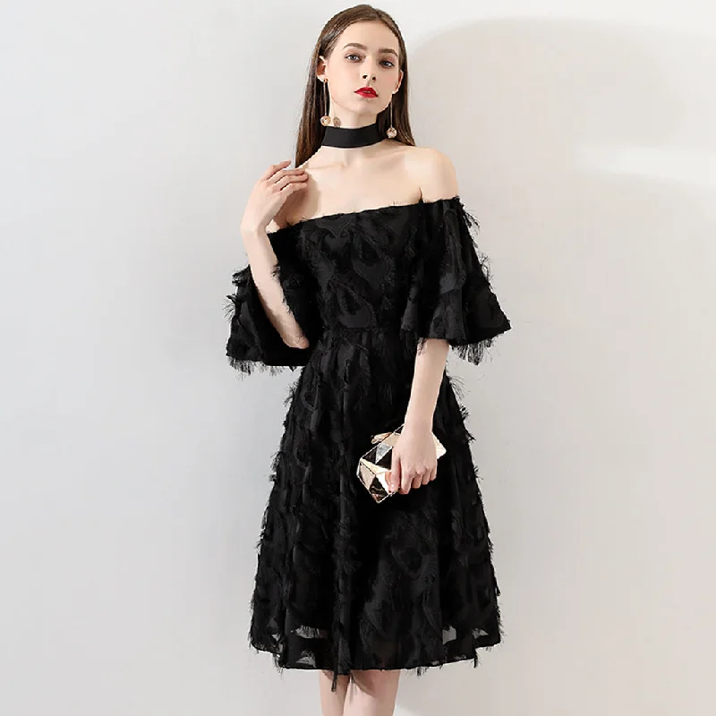Black Off Shoulder Homecoming Dresses, Lace Backless Short Sleeve Homecoming Dresses, KX1505 Tunics Travel practical