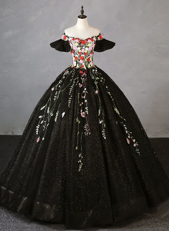 Black Off Shoulder Tulle Ball Gown Sweet 16 Dress, Black Floral Prom Dress Party Dress Tunics Custom made