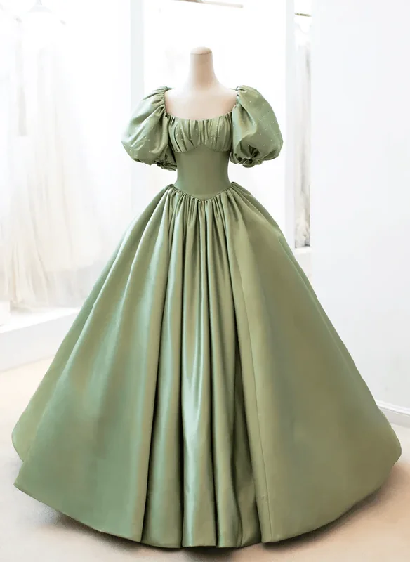 Green Satin A-line Beaded Long Party Dress, Green Evening Dress Prom Dress Tunics Gym athletic