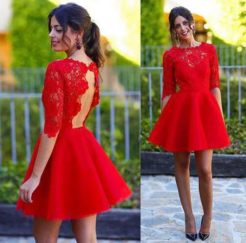 Red Sexy Long sleeve open back lace homecoming prom dresses, CM0002 Tunics Short Trendy