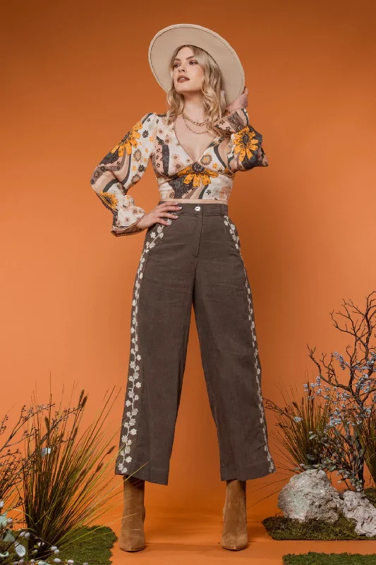 Grey Pants with Embroidery Classic Bootcut Trousers