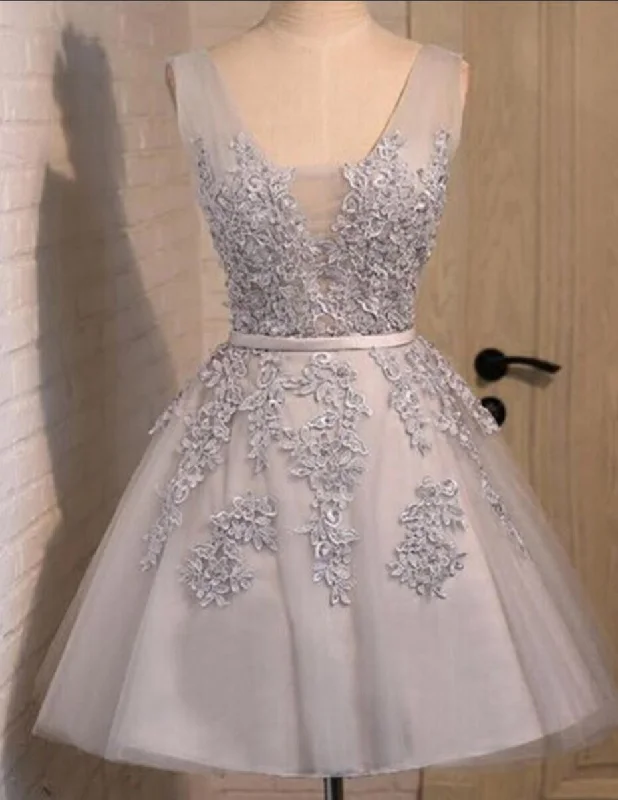 Off shoulder Grey lace Cute Tulle homecoming prom dresses, CM0023 Tunics Fleece cozy
