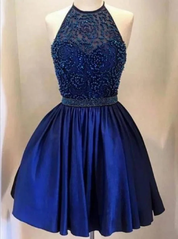 Halter backless Royal Blue Beaded homecoming prom dresses, CM0026 Tunics Distressed trendy