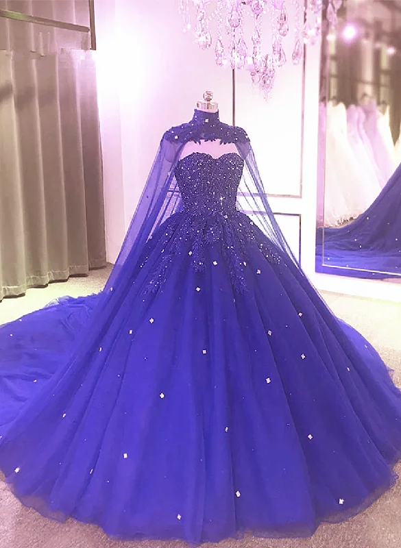 Royal Blue Beaded Sparkle Tulle Ball Gown Formal Dress, Blue Wedding Party Dress Tunics Lace romantic