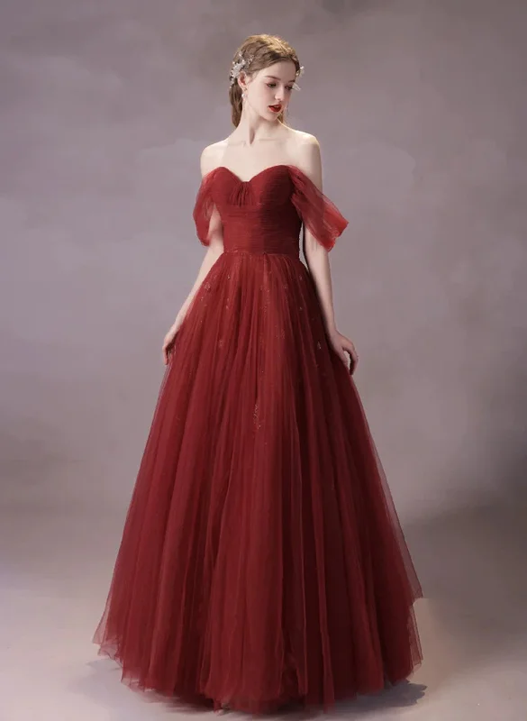 Elegant Wine Red A-line Tulle Off Shoulder Party Dress, Long Dark Red Evening Dress Peplum Ruffle Cocktail