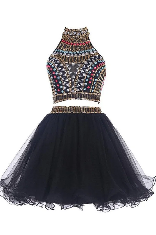 Sexy Two Pieces Backless Black homecoming prom dresses, CM0019 Tunics Silk luxurious