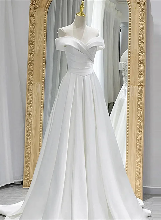 White Off Shoulder Satin Long Prom Dress, White Wedding Party Dresses Tunics Solid Classic