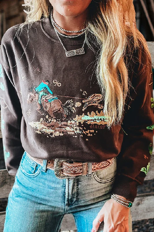Vintage Western Denim Print Sweatshirt Hoodie with Full-Zip Functional Layering